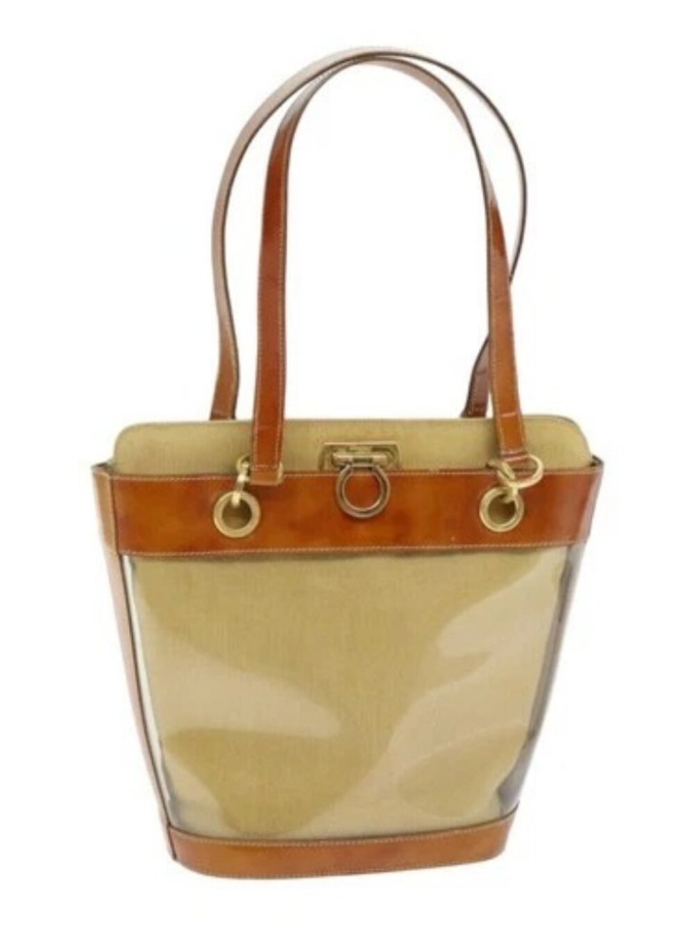 Salvatore Ferragamo Gancini Shoulder Bag Vinyl Beige Orange Auth 89799